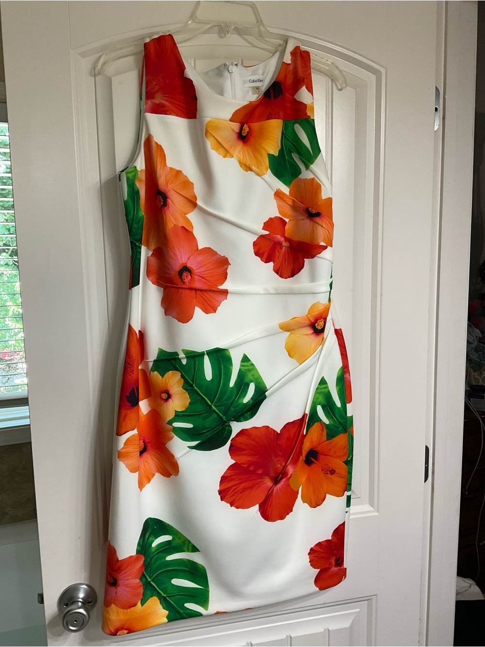 Calvin Klein White Floral Sheath Dress with Orange & Green Print Size 14